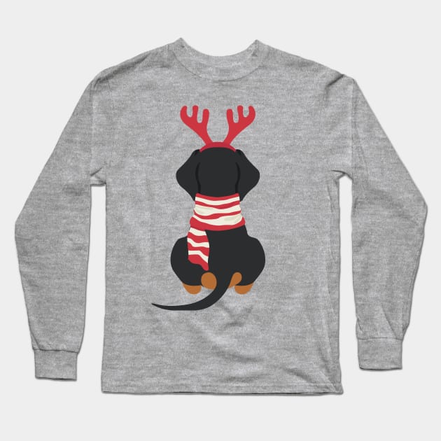 Smooth Dachshund Back at Christmas Long Sleeve T-Shirt by JunkyDotCom